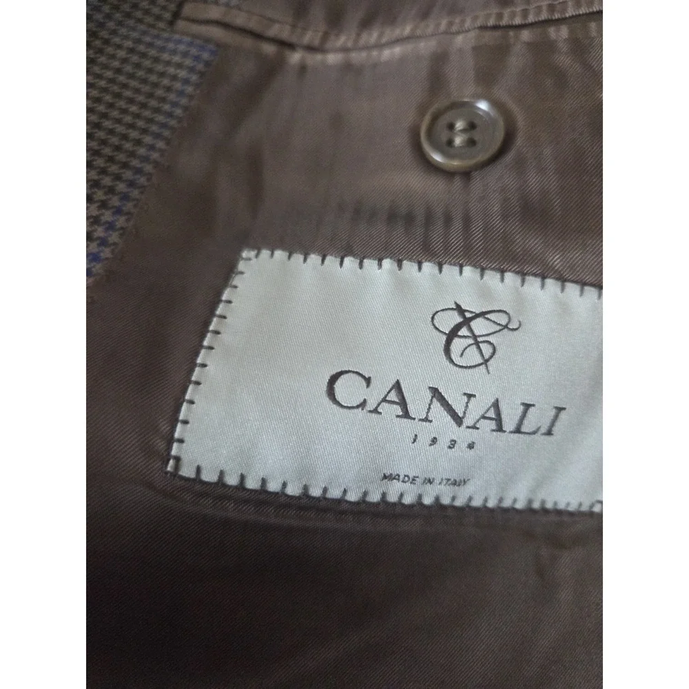 Canali Men's Silk Wool Blazer 56L EU 46L US Brown Beige Blue Plaid Made in Italy